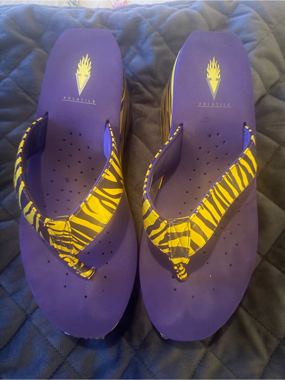 Volatile Purple Platform Sandals with Yellow Zebra Straps